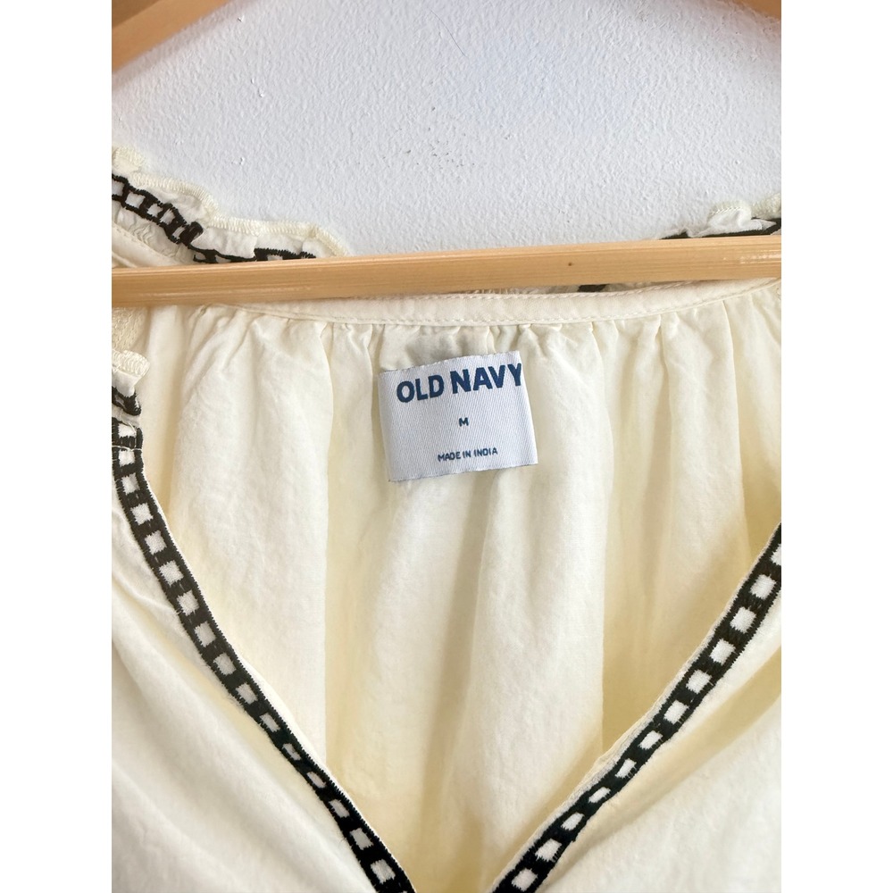 Old Navy Womens Cream Embroidered Boho Babydoll Mini Dress Black Floral Sz M - Picture 4 of 11